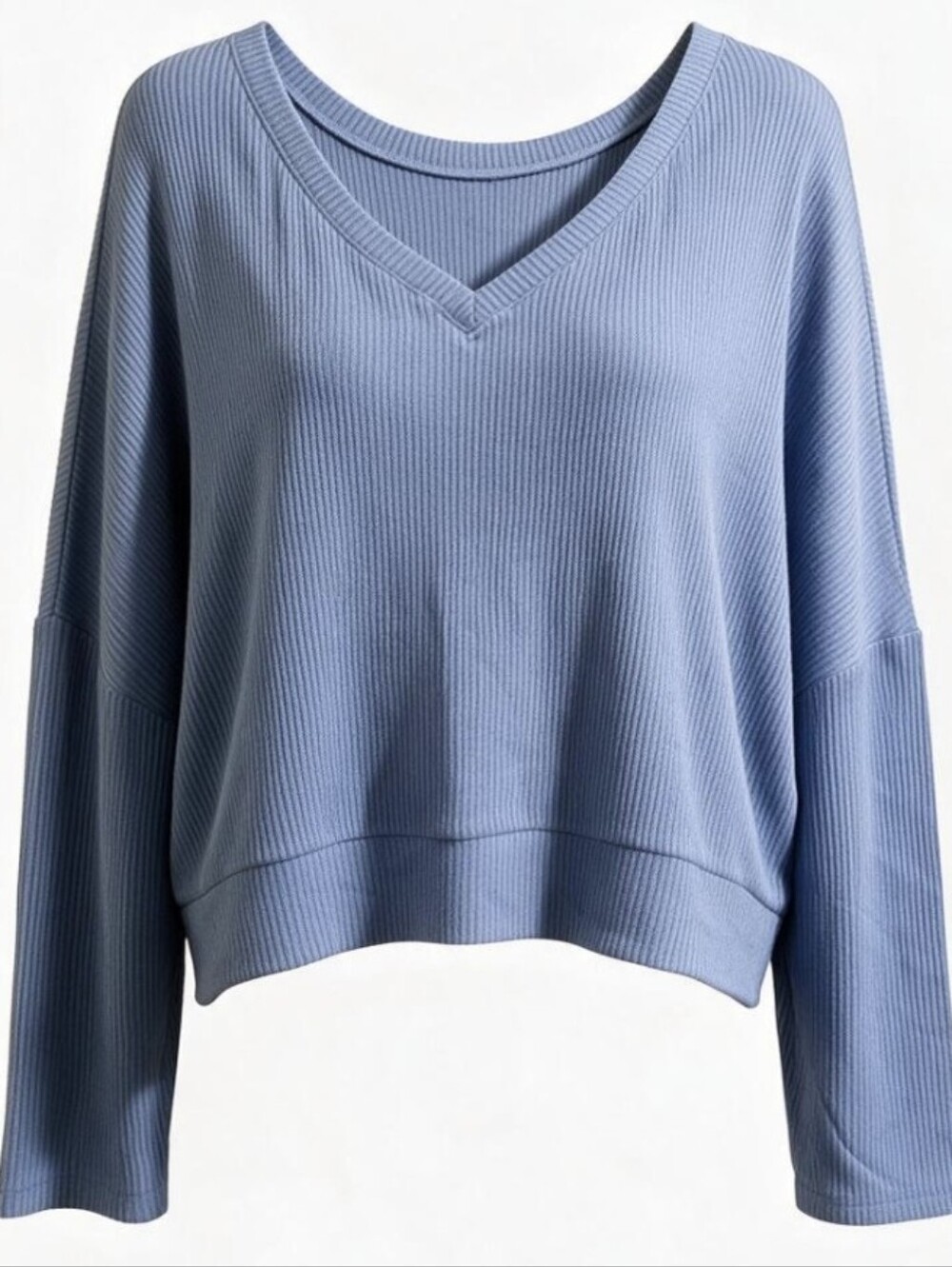 Dusty Blue Ribbed V-Neck Cropped Sweater